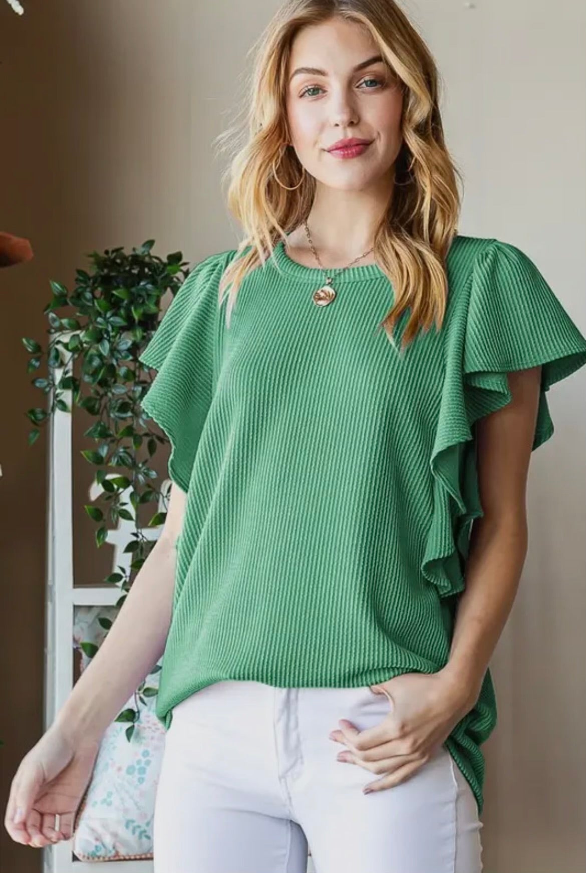 Ruffled Sleeve Ribbed Blouse