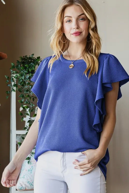 Ruffled Sleeve Ribbed Blouse